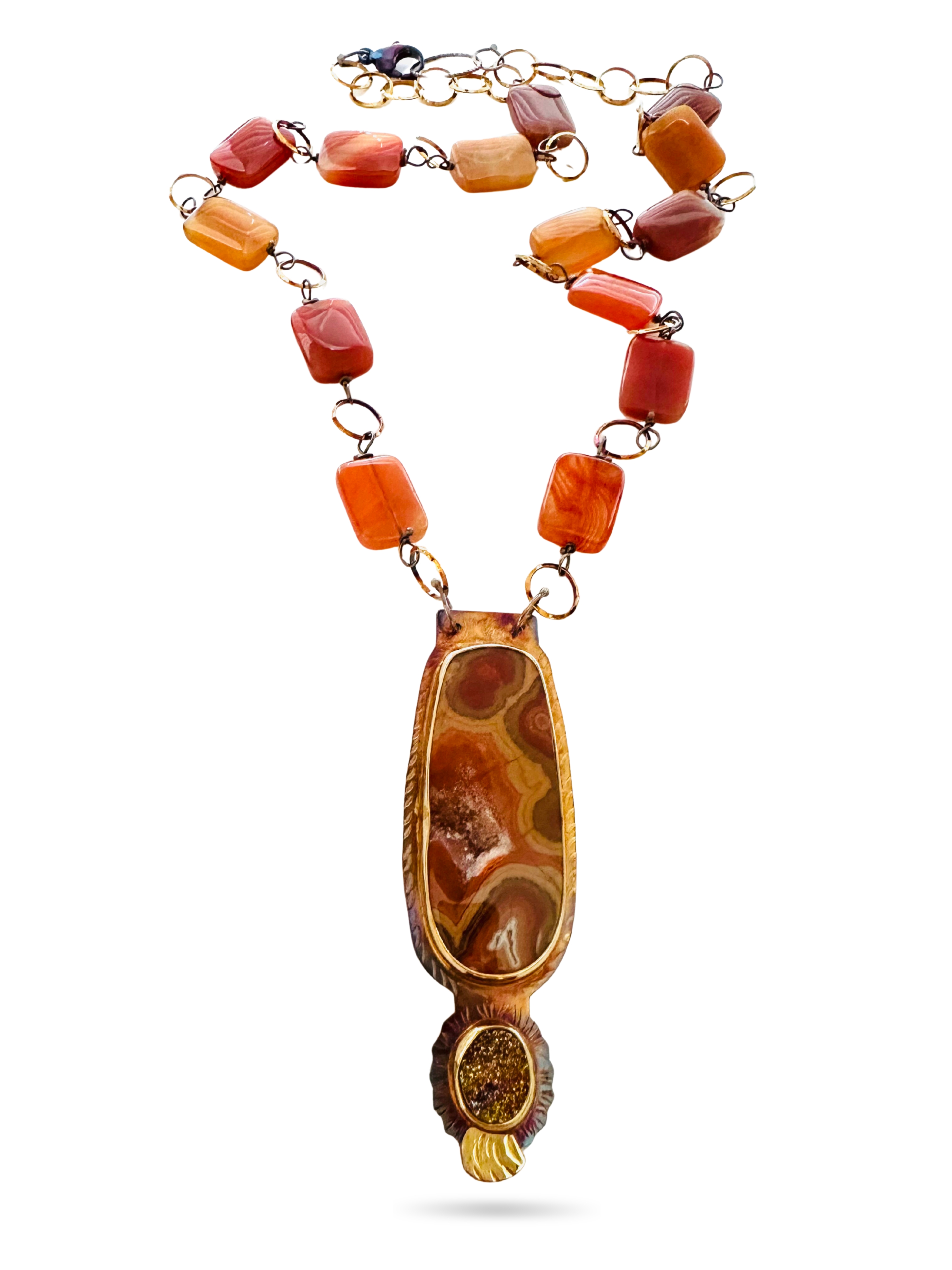 Image 2 for 8 Sterling Silver, Fine Silver Bezels, 18k Gold, Dryhead Agate, and Rainbow Pyrite Druzy Necklace with Carnelian Beads strung on Sterling Silver Wire, Sterling Silver Chain, and Lobster Clasp