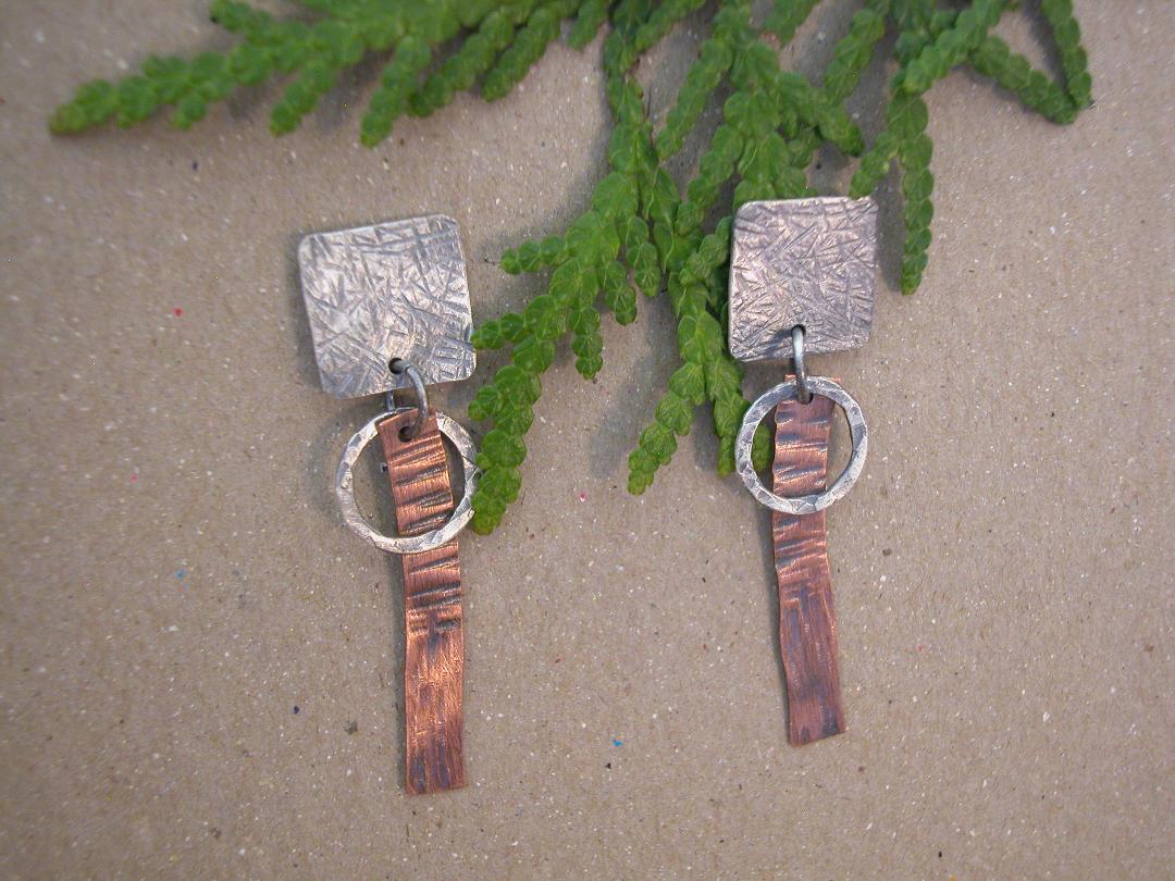 Circle Stick Earrings, Sterling and Copper Posts