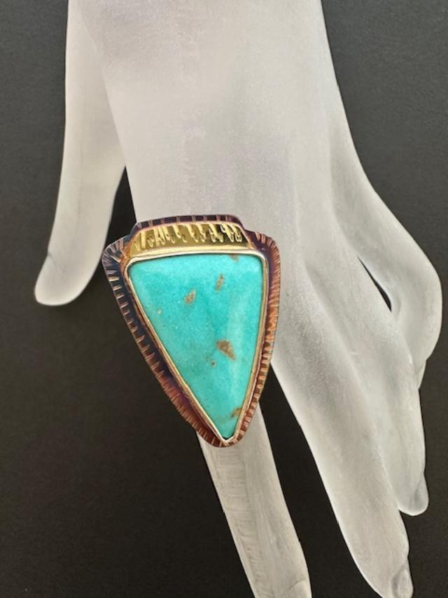 Image 3 for Sterling Silver, Fine Silver Bezel, 18k Gold, and Kingman Mine Turquoise Ring, Size 7.75
