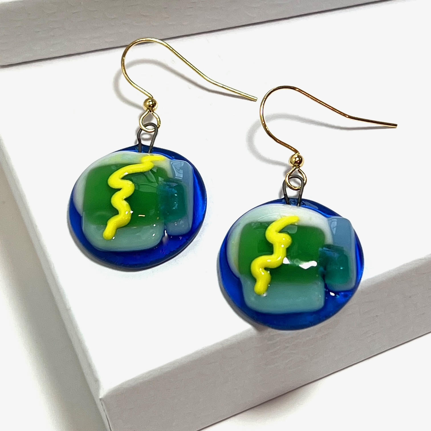 LOVE Fused Glass Green, Yellow, and Royal Blue Earrings