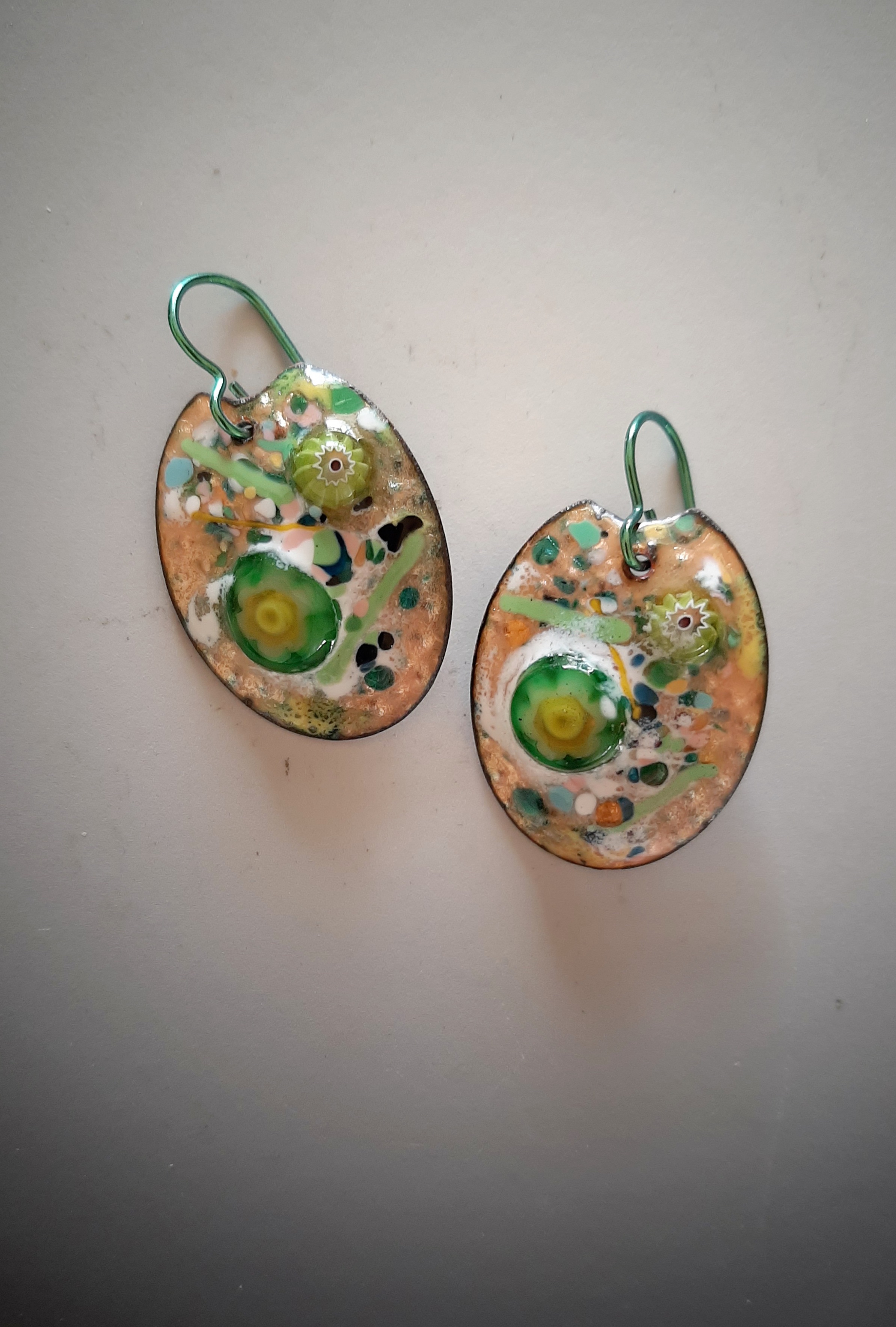 Dotted Ovals with Green Millefiore on Niobium Hooks