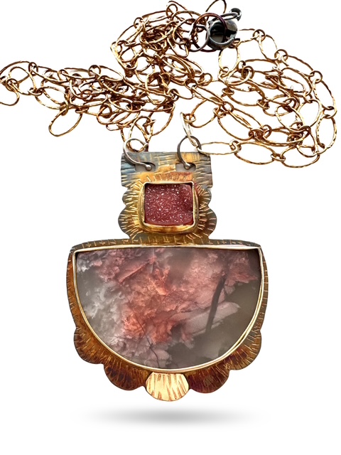 Image of 3 Sterling Silver, Fine Silver Bezels, 18k Gold, Druzy Quartz and Kawollable Necklace with Sterling Silver Chain and Lobster Clasp by  