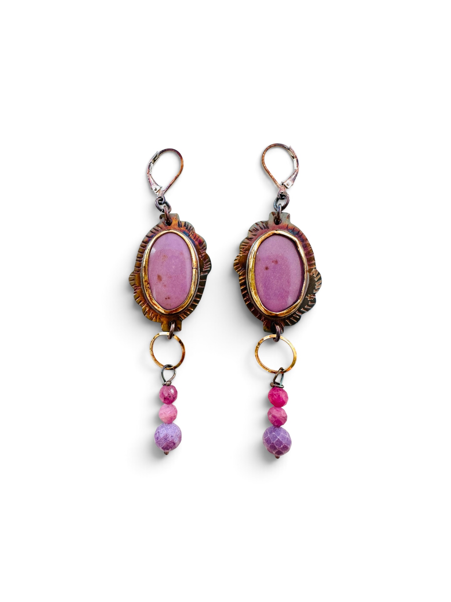 Image of 3 Sterling Silver, Fine Silver Bezels, and Phosphosiderite Earrings with Ruby and Phosphosiderite Beads and Sterling Silver Lever Wires by  