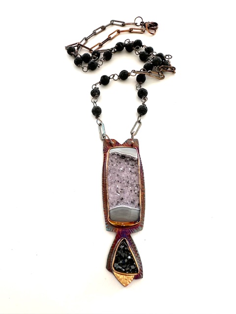 Image of Sterling silver, 18k, fine silver, natural surface garnet, Brazilian druzy agate, lava rock beads necklace, 26
