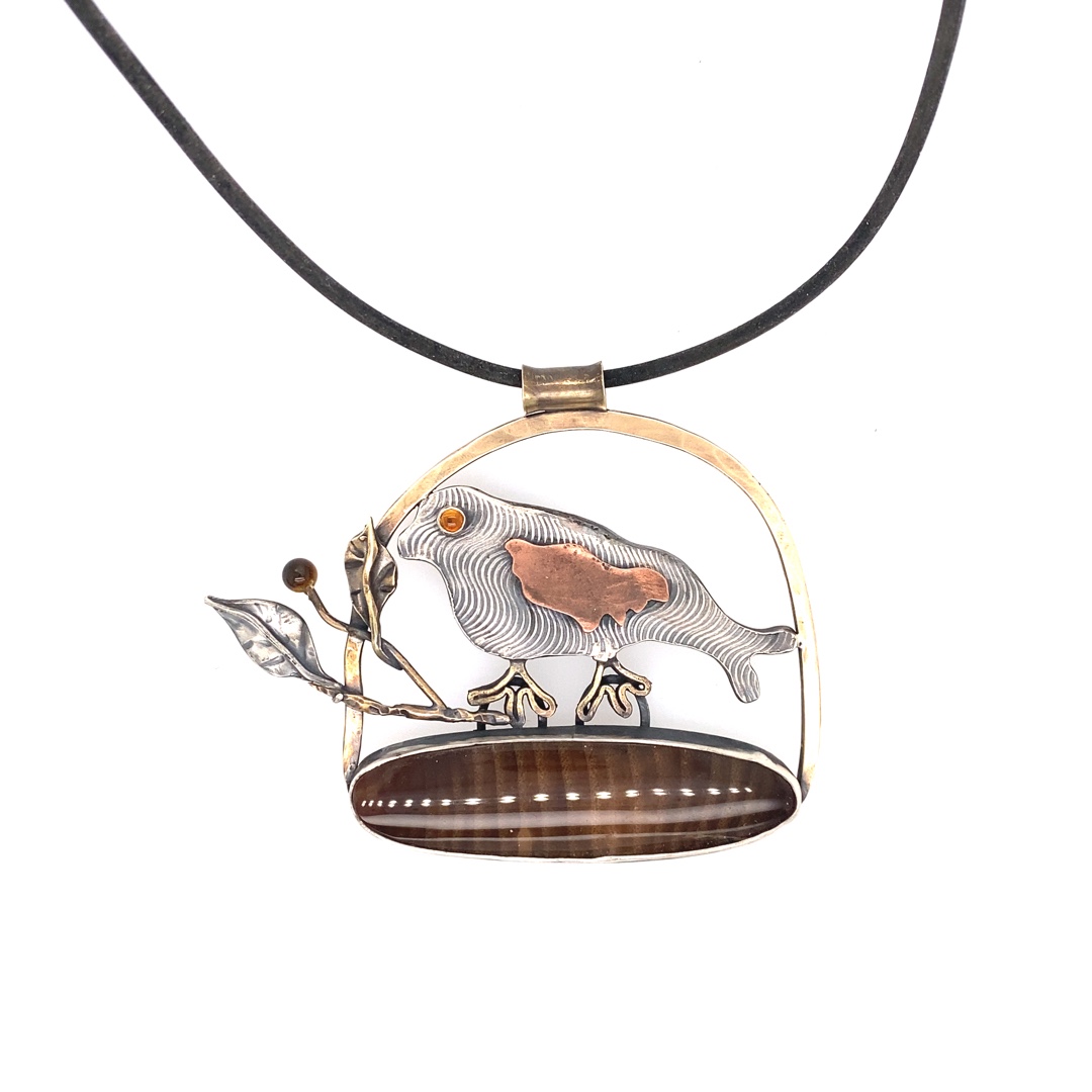 Sparrow in Arch Pendant in Sterling Silver, Copper, Bronze and Tourmaline