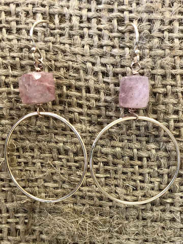 Strawberry Quartz Hoops with Faceted Cubes