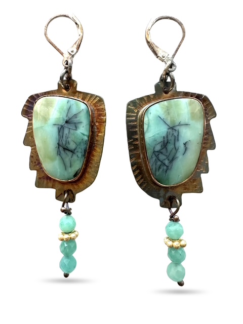 Image 2 for 4 Sterling Silver, Fine Silver Bezels, and Opal Wood Earrings with Chrysocolla Beads and Gold-Filled Spacer on Sterling Silver Wire