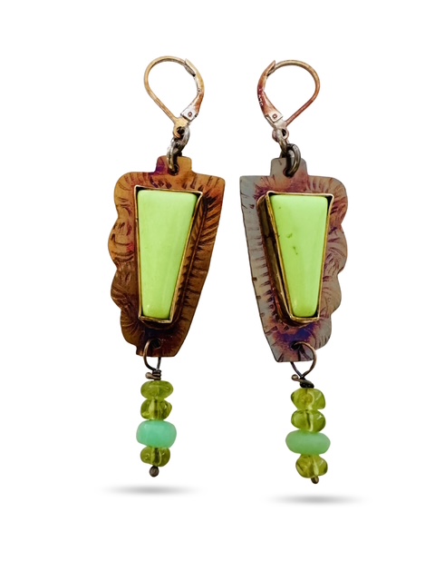 Image 2 for 2 Sterling Silver, Fine Silver Bezels, and Citroin Chrysophrase Earrings with Peridot and Chrysophrase Beads and Sterling Silver Lever Earwires