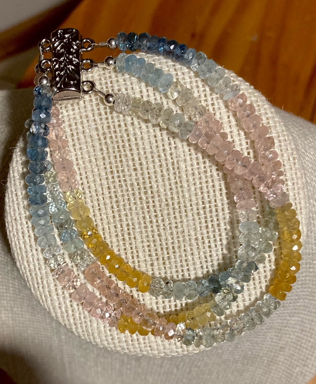 Deep Aquamarine, Morganite and Golden Beryl 3 Strand Bracelet with Magnetic Clasp