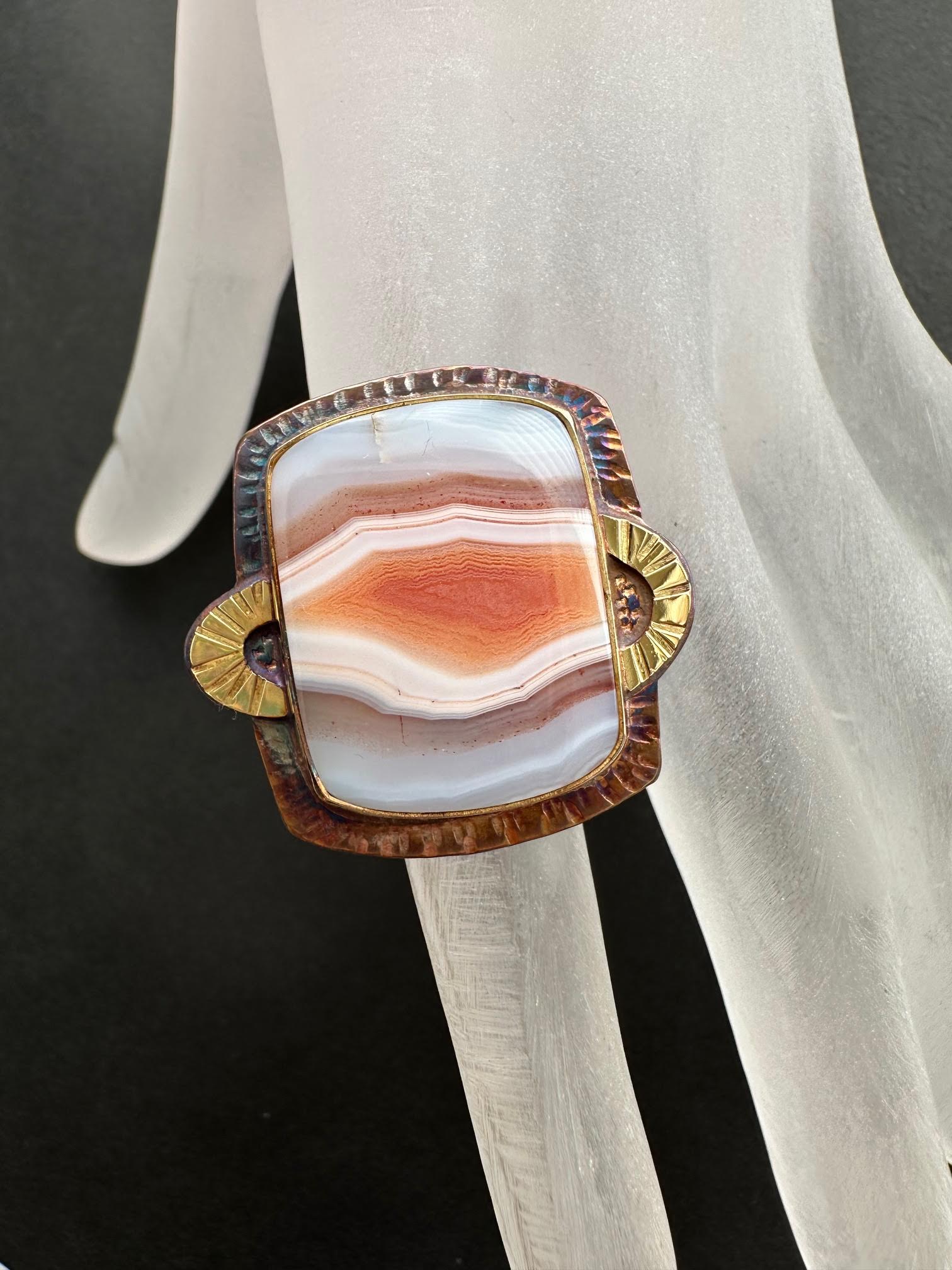 Image 2 for Sterling Silver, Fine Silver Bezel, 18k Gold, and Malawi Agate Ring - Size 7