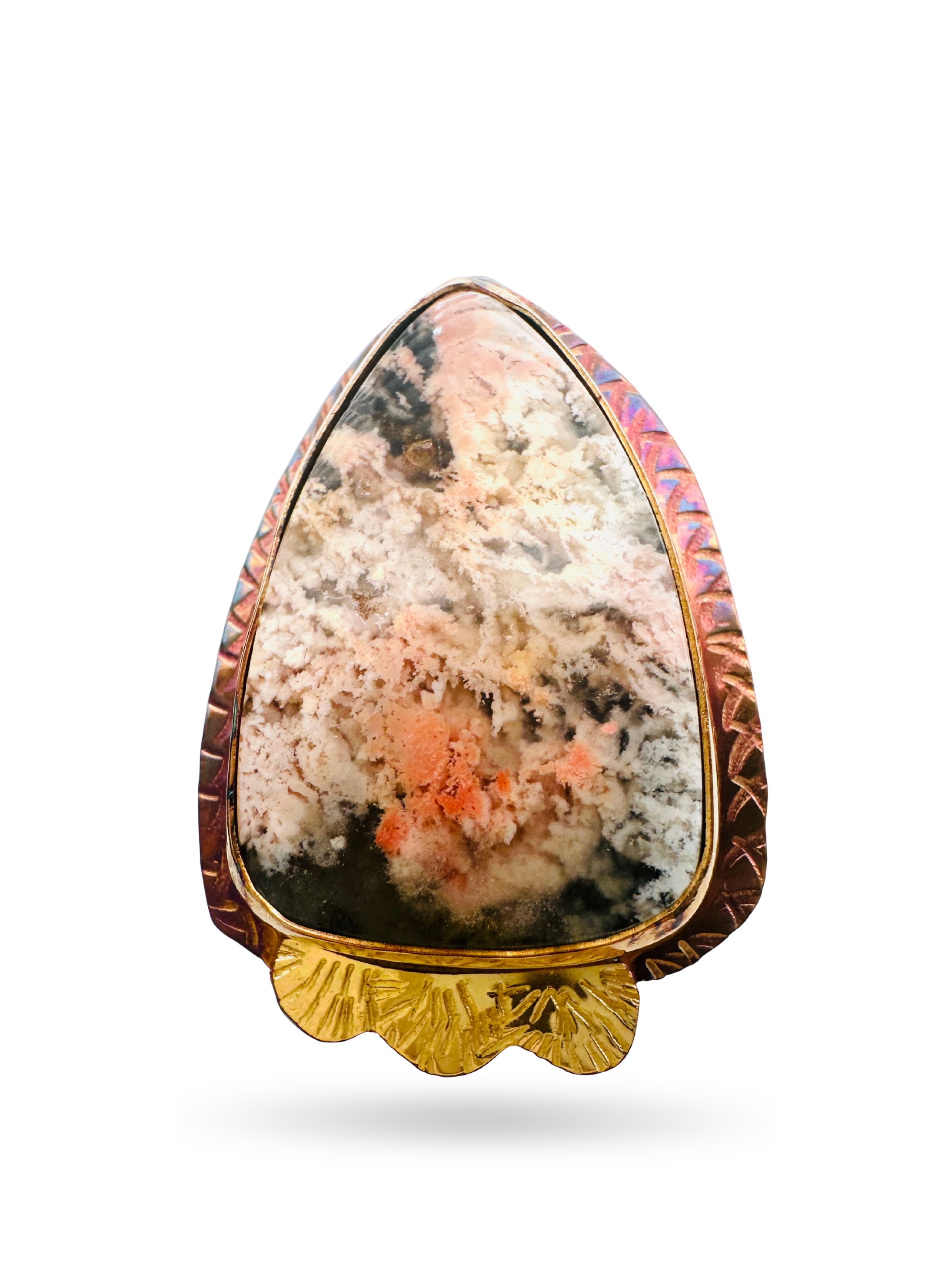 Image of 3 Sterling Silver, Fine Silver Bezel, 18k Gold and Feather Ridge Plume Agate laminated to Austrailan Black Jade Ring - Size 7 by  