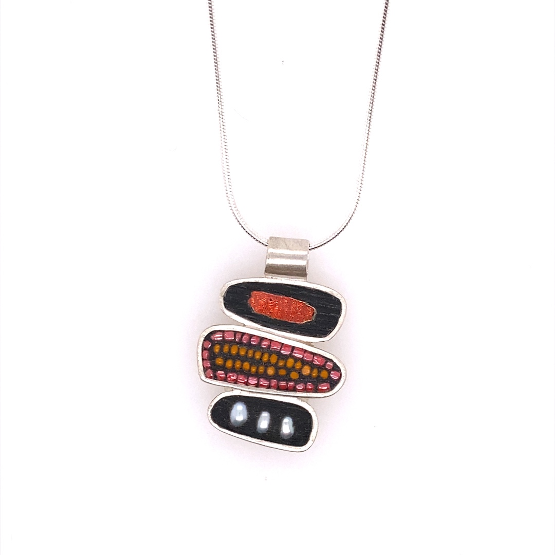 3 Rectangle Necklace, Red/Orange and Pearls