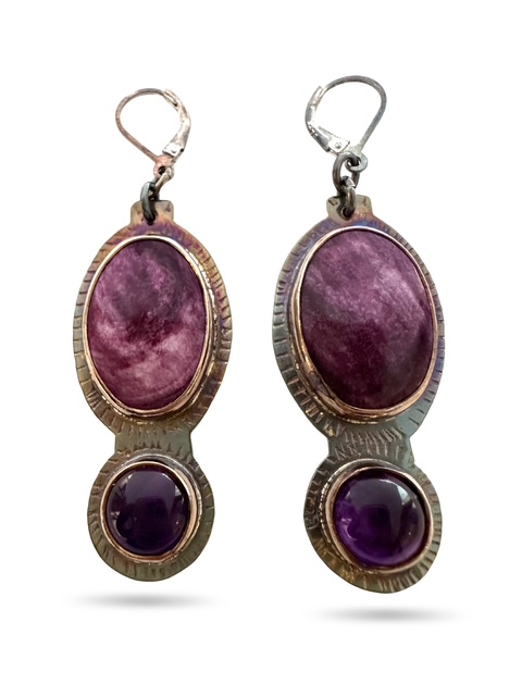 Image 2 for 3 Sterling Silver, Fine Silver Bezels, Spiney Oyster, Natural Color, and Amethyst Earrings with Sterling Silver Lever Earring