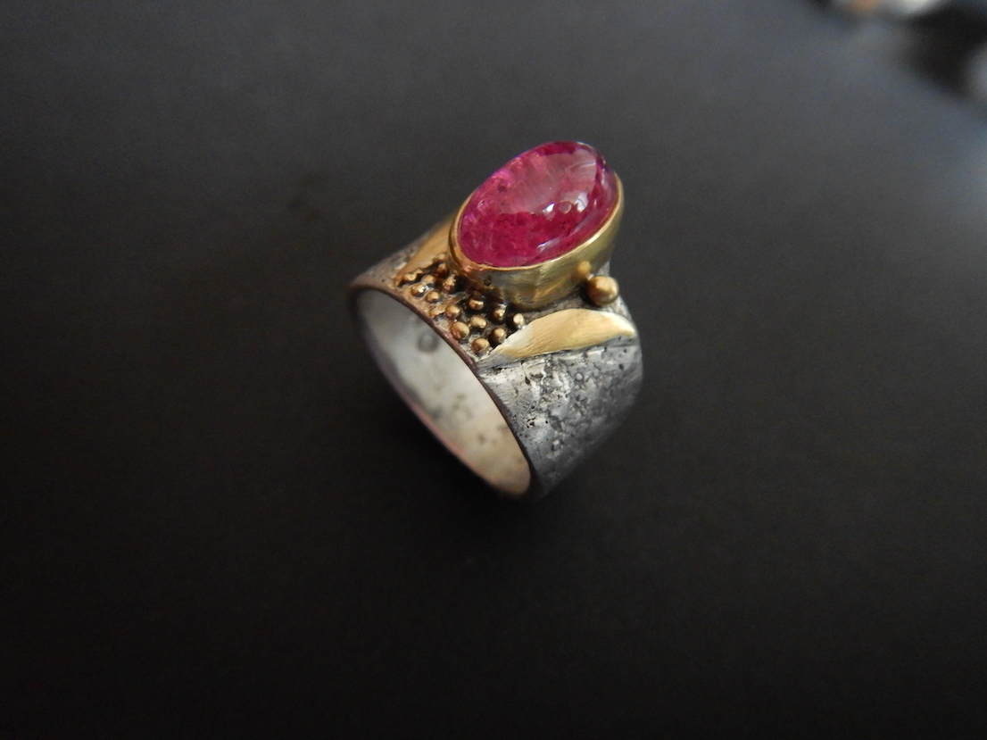 Fuchsia Ring Sterling silver, 22k Gold, Pink Tourmaline, 10 mm Wide, Size 7 1/4 (2120)