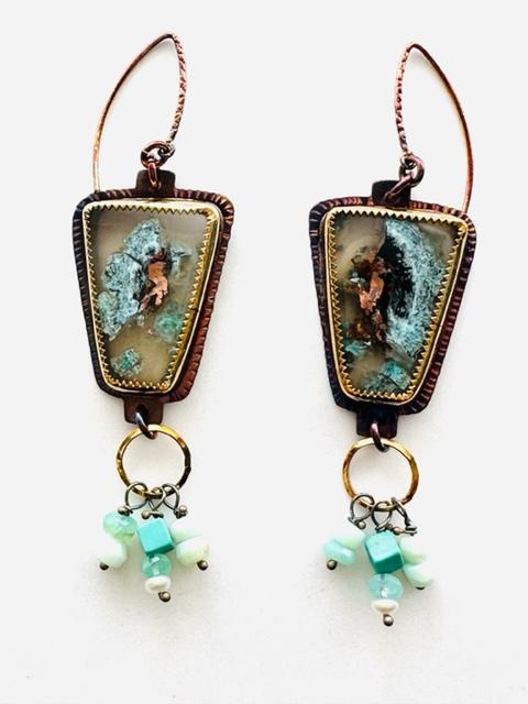 Sterling Silver, Chrysocolla and Copper in Quartz Earrings with Turquoise and Peruvian Opal Dangles