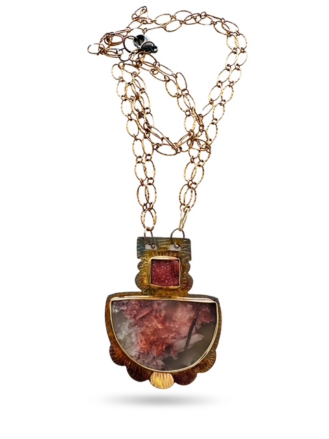 Image 2 for 3 Sterling Silver, Fine Silver Bezels, 18k Gold, Druzy Quartz and Kawollable Necklace with Sterling Silver Chain and Lobster Clasp