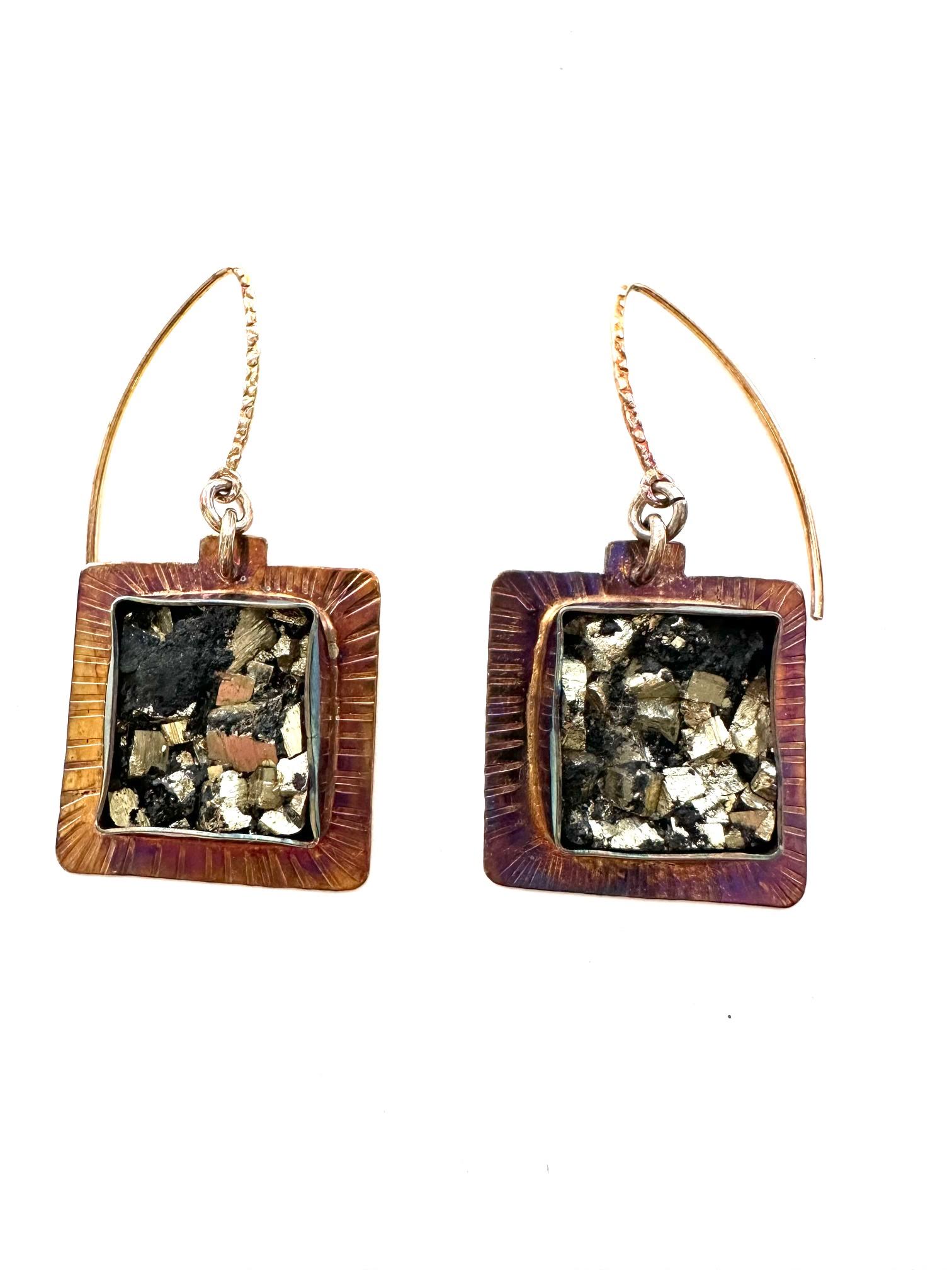 Image of Sterling Silver, Fine Silver Bezels, and Pyrite in Schist Earrings by Julie Shaw