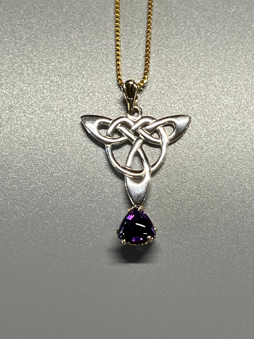 Amethyst Celtic Pendant, Sterling Silver, 14kt Yellow Gold, 1.63 ct. Faceted Amethyst, Amethyst Slice, 14kt 18” Yellow Gold Chain
