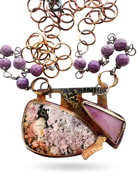 Image of 3 Sterling Silver, Fine Silver Bezels, 18k Gold, Phosphosiderite, and Feather Ridge Plume Agate Laminated to Austrailan Black Jade Necklace with Phosphosiderite Beads, Sterling Silver Chain and Lobster Clasp by  
