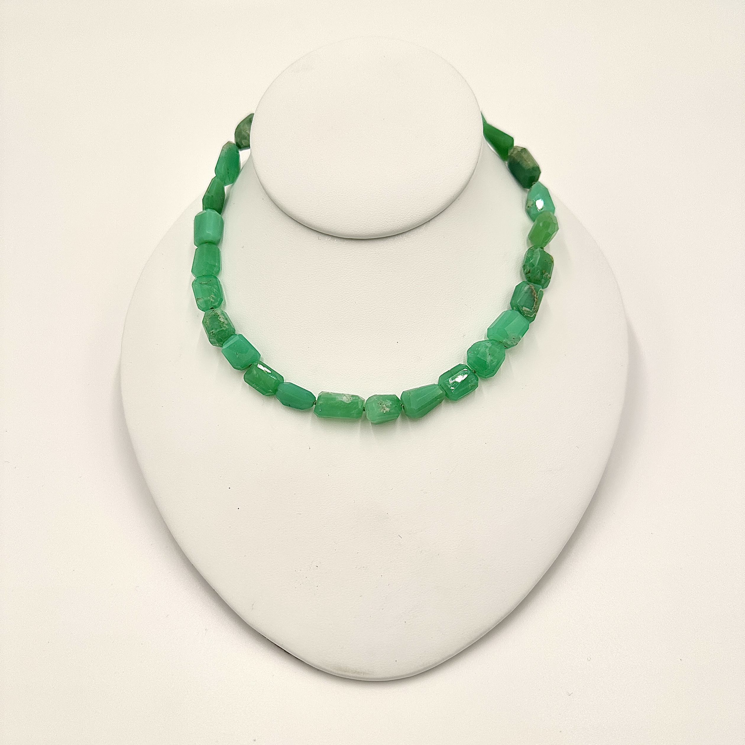 Image of Chrysoprase Barrel Cut Hand Faceted on Hand Cast Sterling Hooks by Marcia McDonough