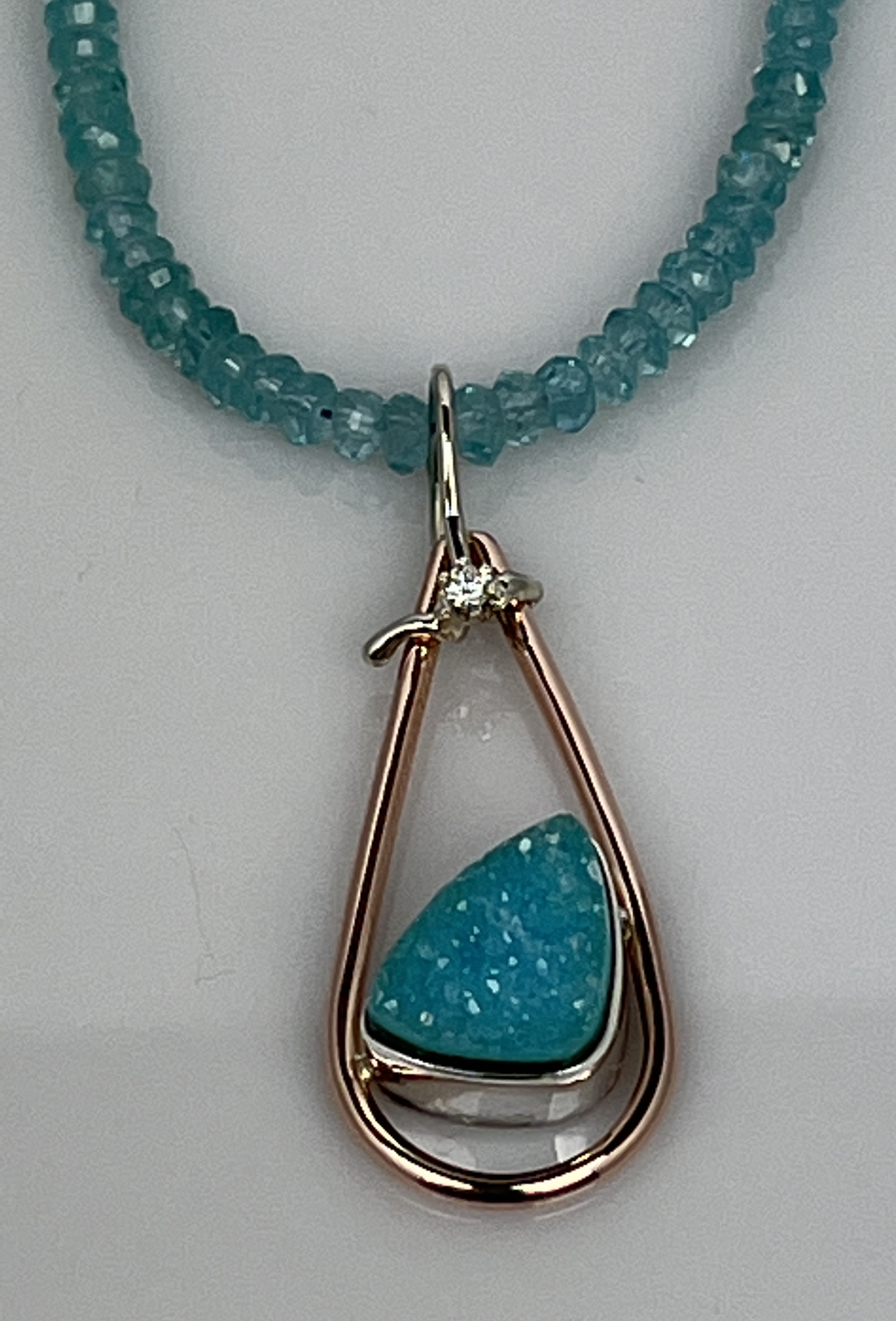 Sterling Silver, 14kt White Gold, 14kt Rose Gold, Chrysocolla Druzy, and Diamond Necklace