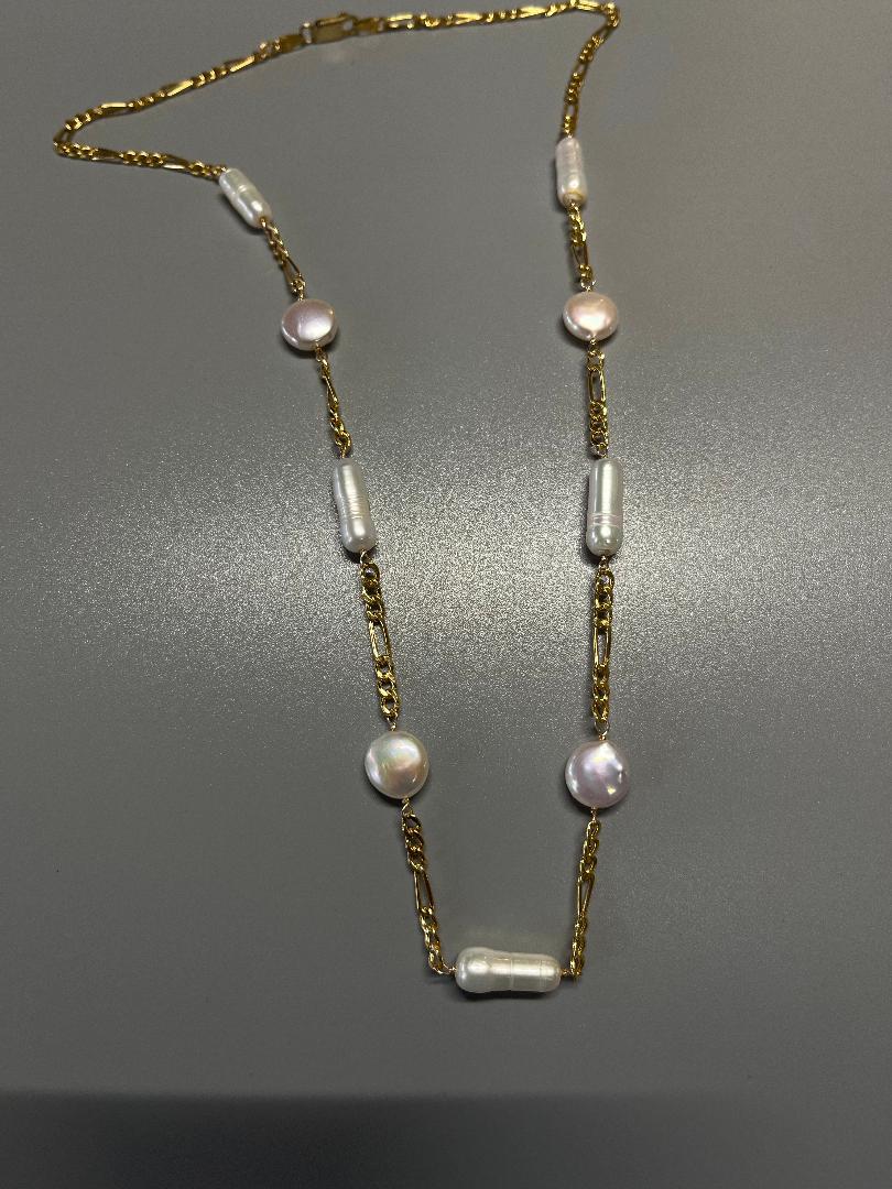 Gold Pearl Necklace, 14kt Yellow Gold, 9 Freshwater Pearls 22 1/2” total length