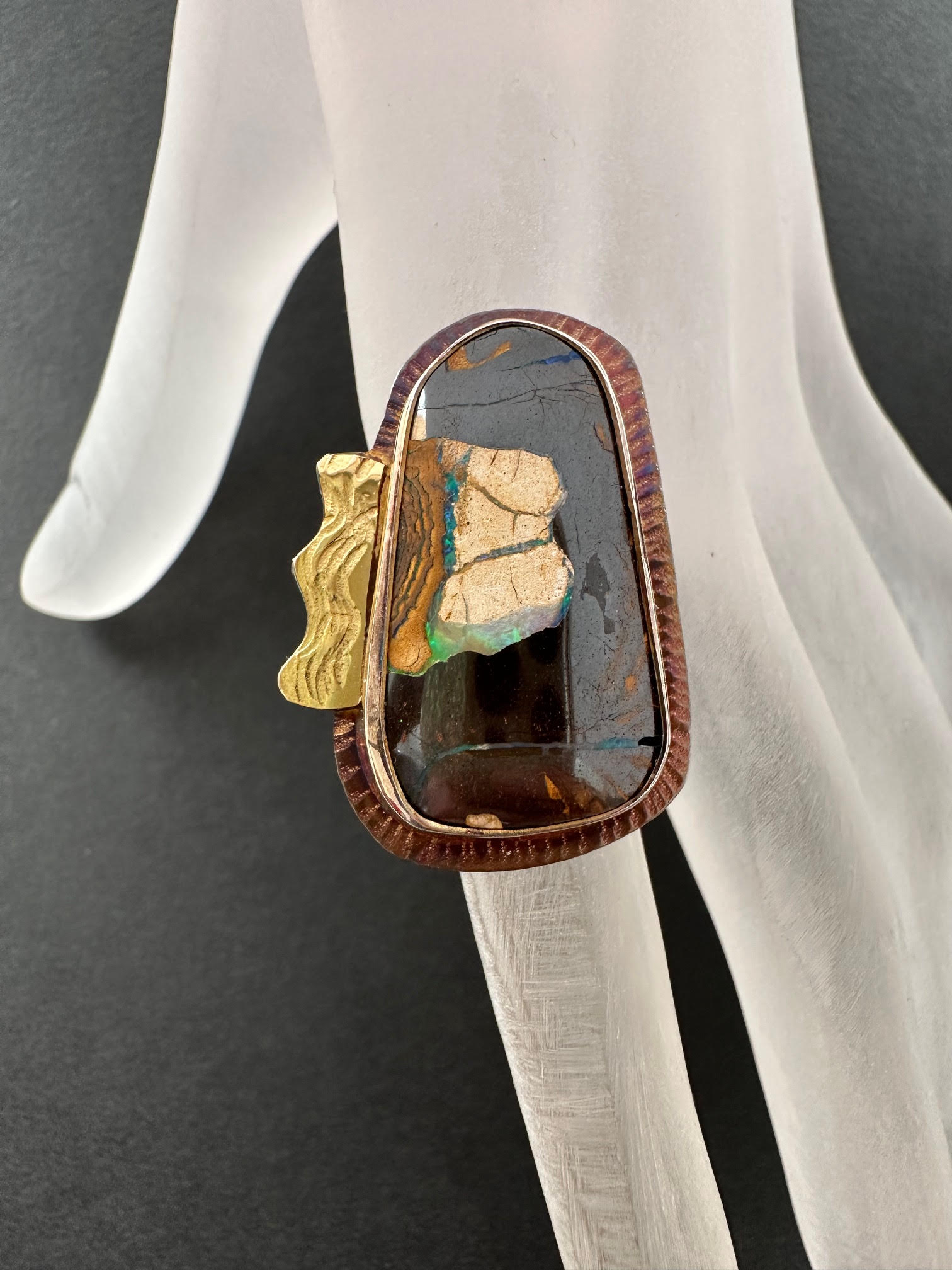 Image 3 for Sterling Silver, Fine Silver Bezel, 18k Gold, and Yowah Opal Ring - Size 7