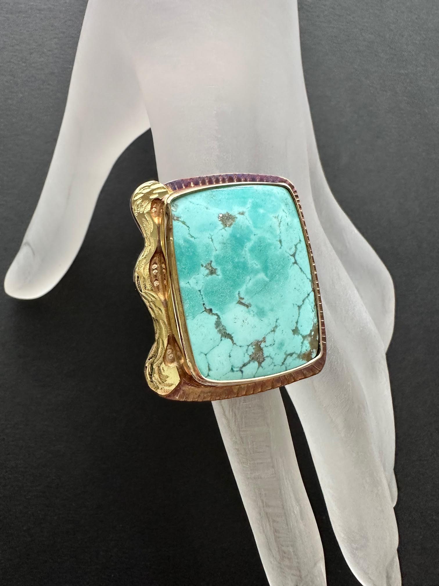 Image 3 for Sterling Silver, Fine Silver Bezel, 18k Gold, and Turquoise Ring - Size 9.75