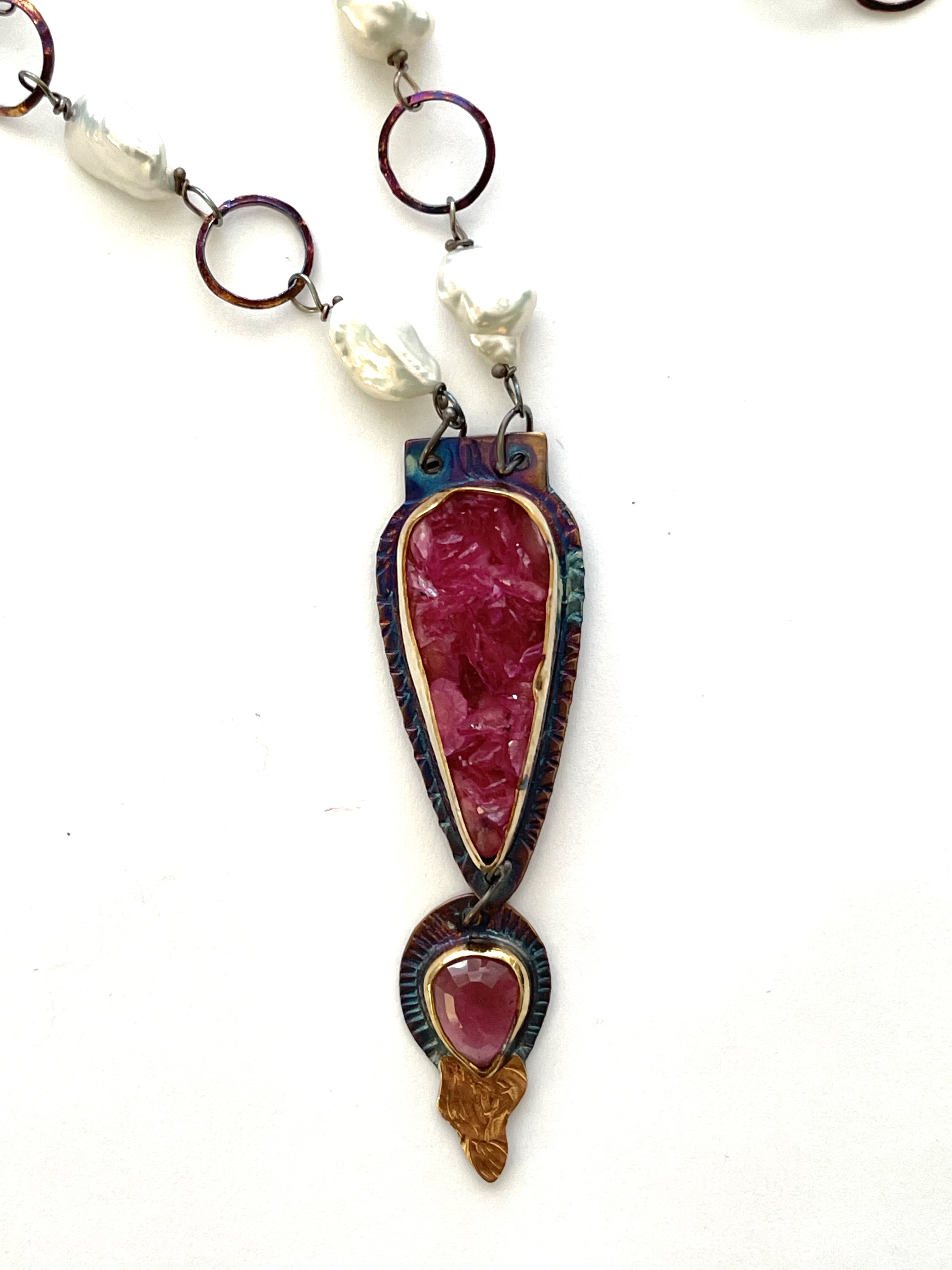 Sterling Silver, 22k Gold, Cobalto Calcite Druzy, and Pink Tourmaline Necklace