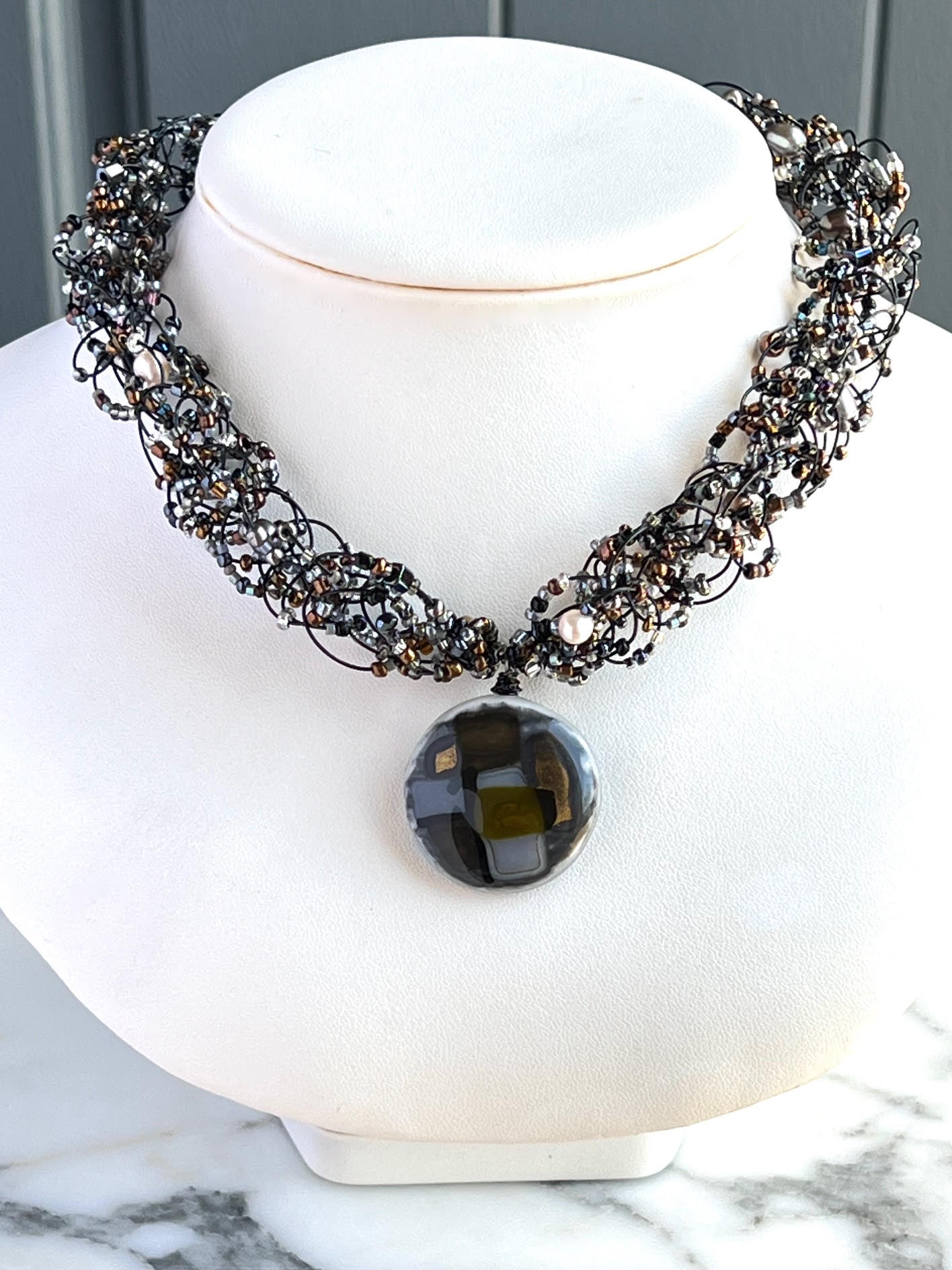 STRONG & BRAVE Fused Glass Black and Gold Woven Necklace