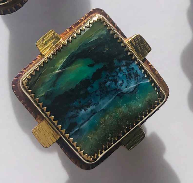 Image 1 for Sterling, 22k and Blue Opal Displaced Petrified Wood Ring - Size 7 Sterling, 22k and Blue Opal Displaced Petrified Wood Ring - Size 7