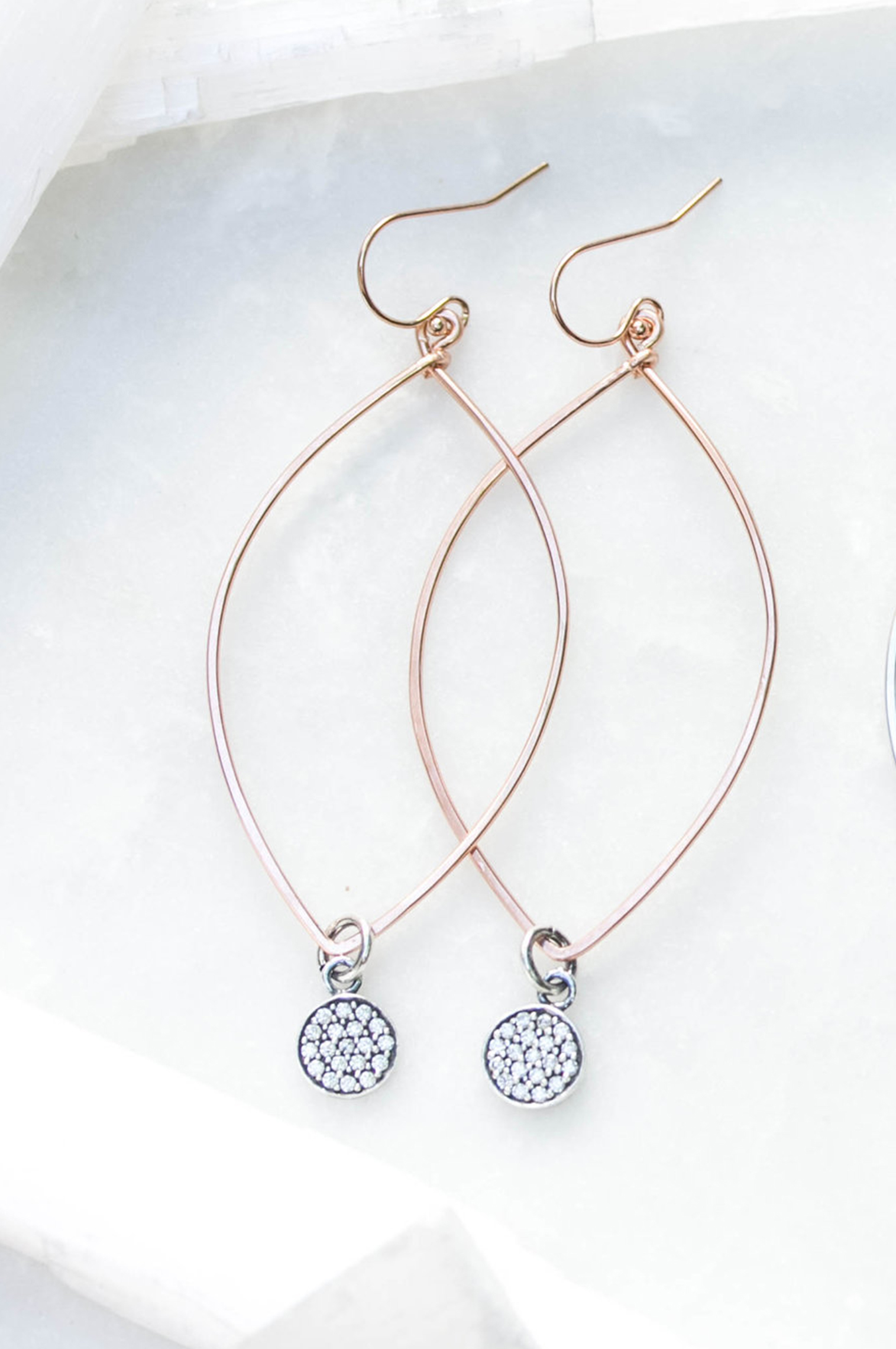 Rose Gold Cubic Zirconia Pave Disc Marquise Hoop Earrings