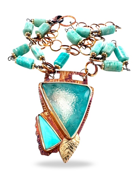 Image 4 for 4 Sterling Silver, Fine Silver Bezels, 18k Gold, Kingman Mine Turquoise, and Chrysocolla Druzy Necklace with Amazonite Beads strung on Sterling Silver, Gold-Filled Spacers Silver Chain, and Lobster Clasp