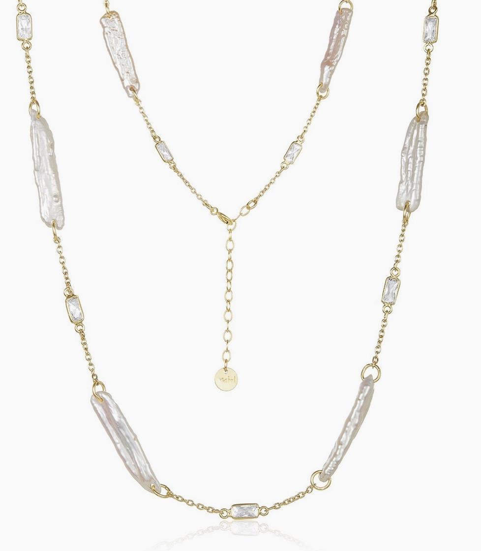 CZ and Stick Pearl Necklace, Gold-Filled