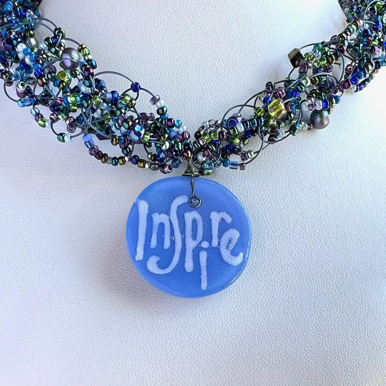 INSPIRE Fused Glass Blue and Green Woven Necklace