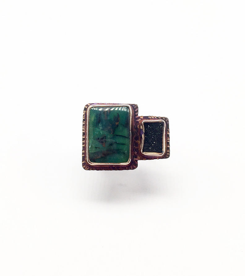 Image 1 for Black Druzy, Blue Opal Displaced Petrified Wood and Sterling Ring Size 7 Black Druzy, Blue Opal Displaced Petrified Wood and Sterling Ring Size 7