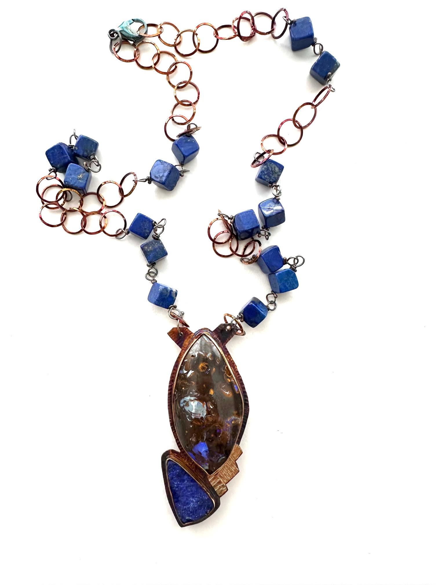 Image 2 for Sterling Silver, Fine Silver Bezels, 18k Gold, Lapis Lazuli, and Boulder Opal Necklace with Lapis Beads Strung on Sterling Silver Chain with a Lobster Clasp