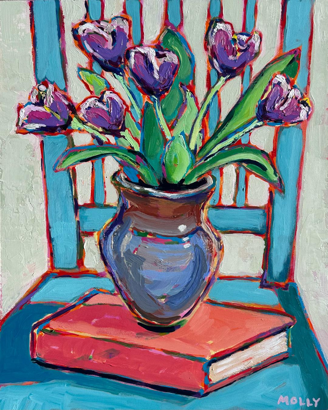 Purple Tulips, Clay Vase, & Book