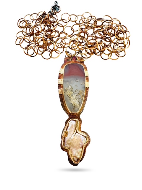 Image of 3 Sterling Silver, Fine Silver Bezels, 18k Gold, Swazi Agate and Pearl Necklace with Sterling Silver Chain and Lobster Clasp by  