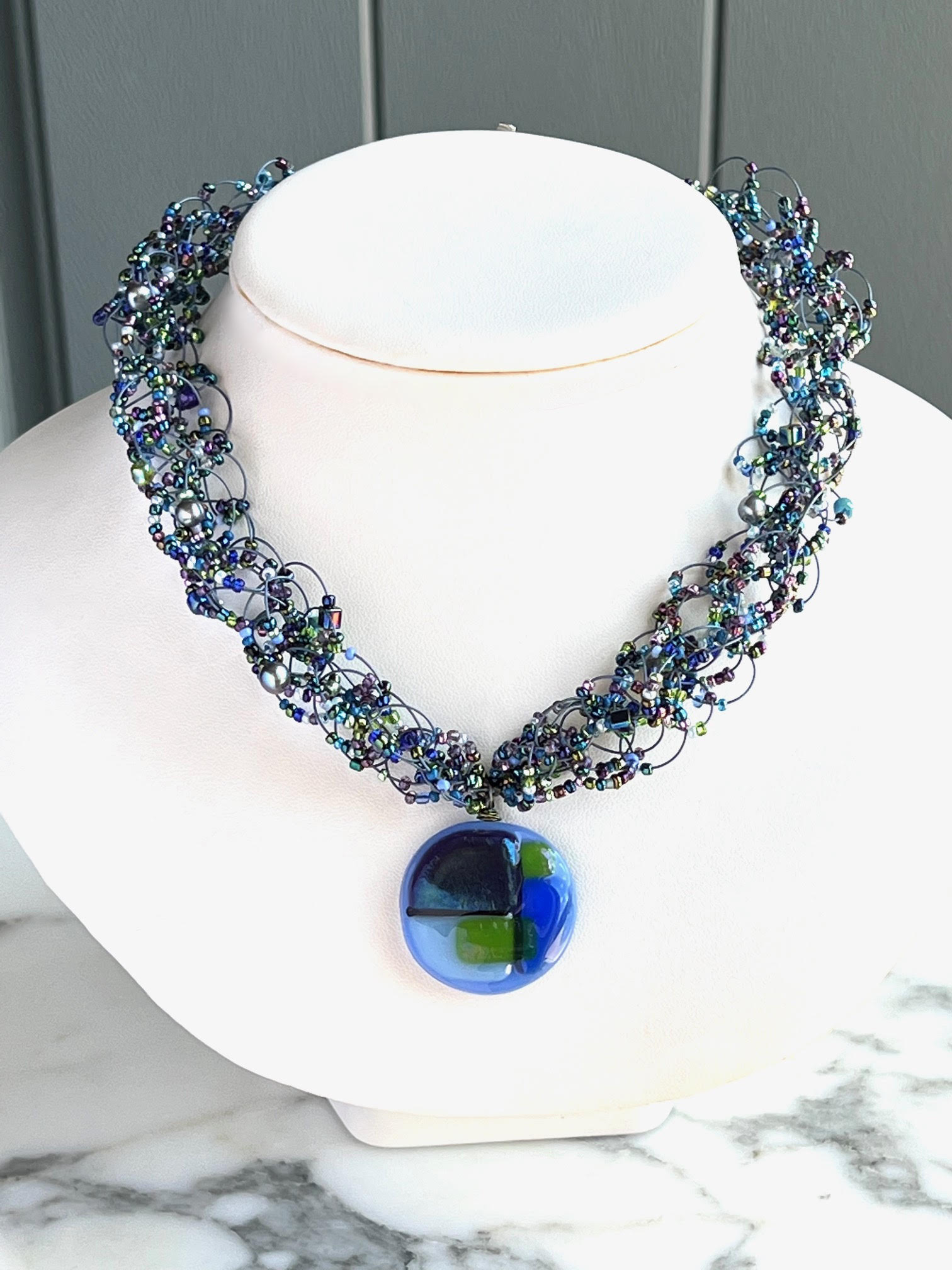 INSPIRE Fused Glass Blue and Green Woven Necklace
