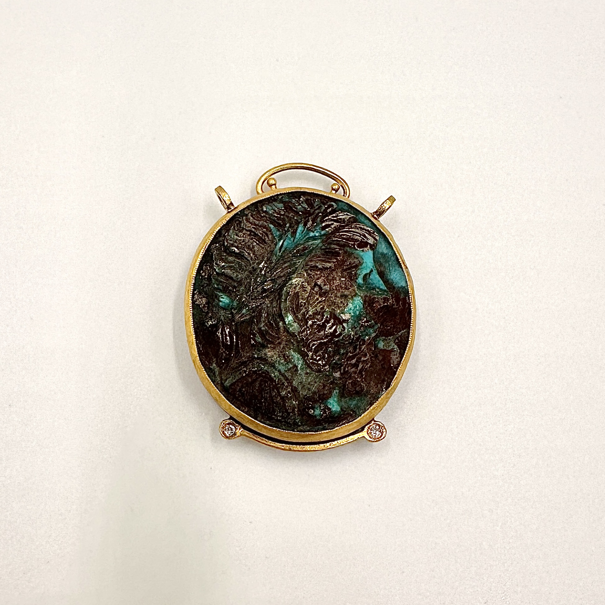 Image of 24 Karat Gold and Oxidized Sterling Raw Turquoise and Diamond Centerpiece by Marcia McDonough