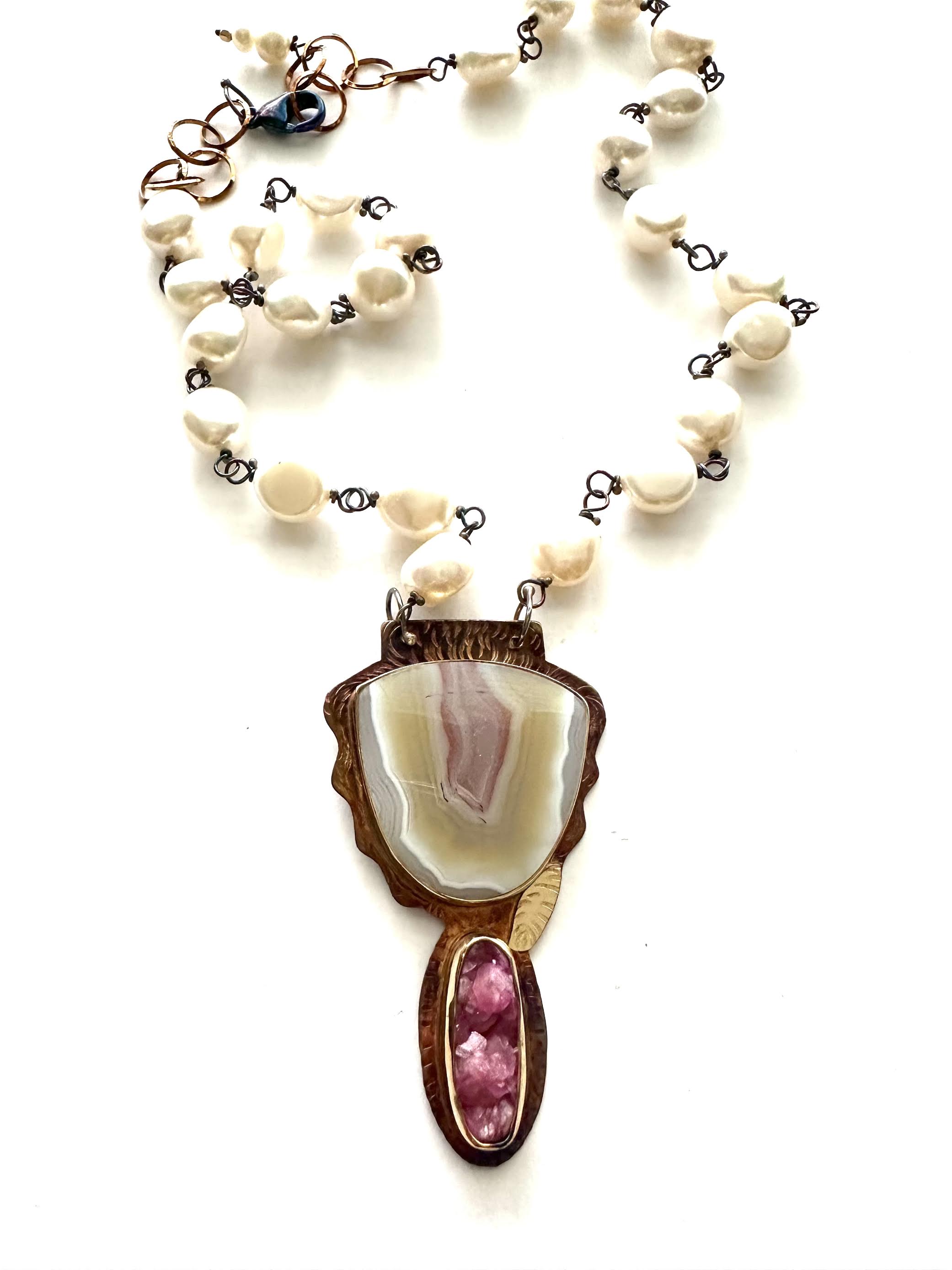 Image 2 for Sterling Silver, Fine Silver Bezels, 18k Gold, Malawi Agate, and Cobalt Calcite Druzy Necklace with Pearls Strung on Sterling Silver Chain and Lobster Clasp