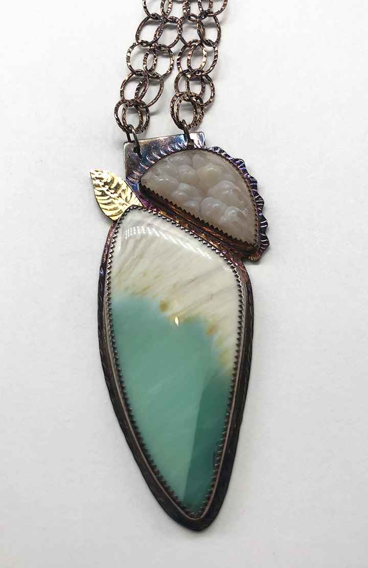 Image 1 for Sterling, 22k Gold, Chalcedony and Blue Opal Displace Petrified Wood Necklace Sterling, 22k Gold, Chalcedony and Blue Opal Displace Petrified Wood Necklace