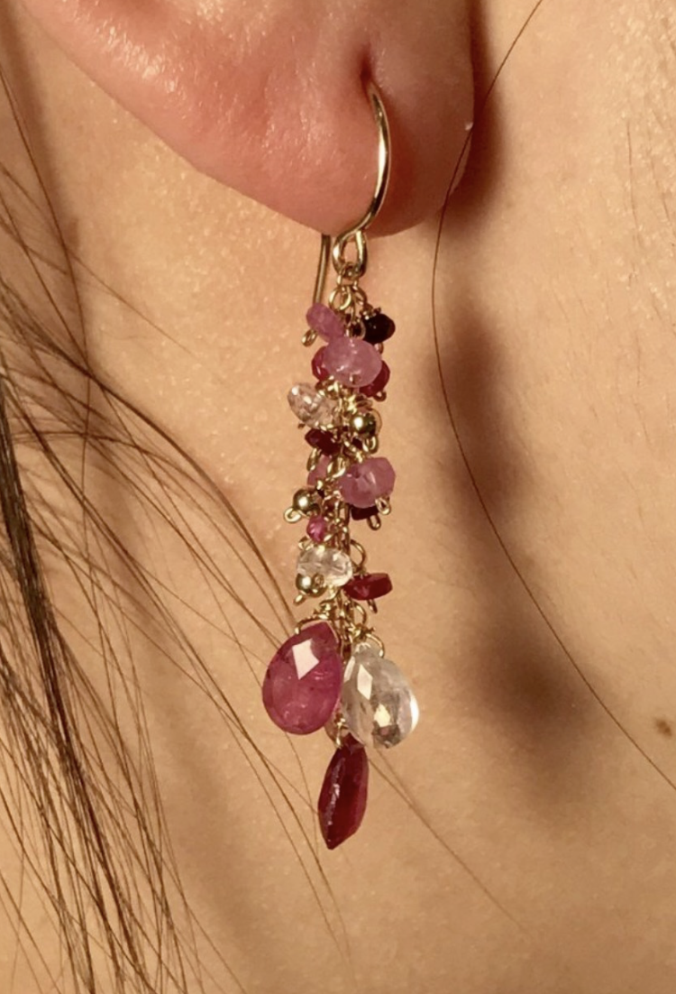 Long Petite Cluster Earrings, Ruby