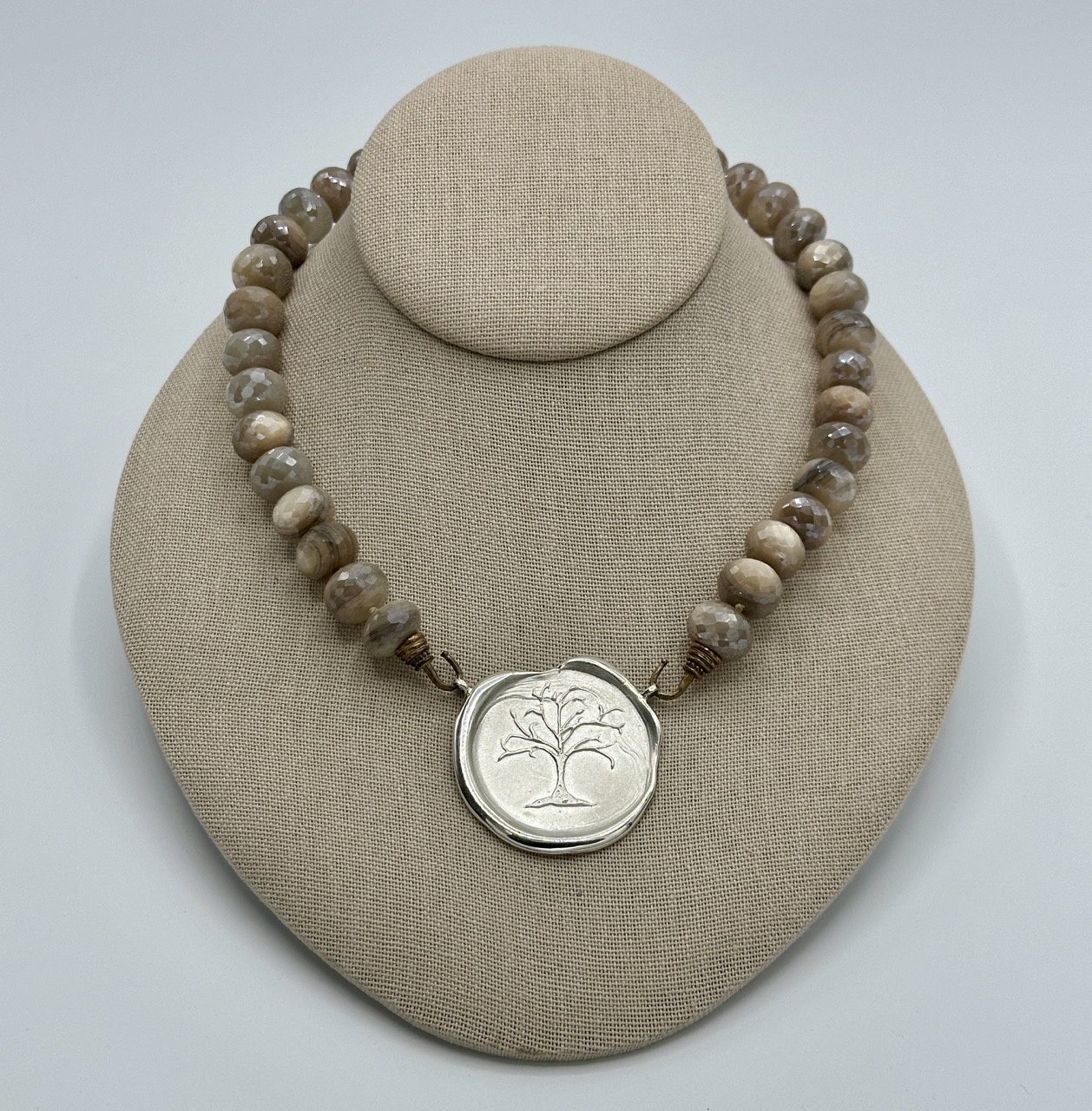 Large 15 mm Mystic Moonstone Rondell Beads on Hand Cast Bronze Hooks. Very unusual.