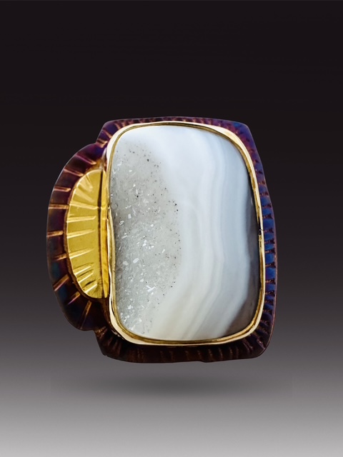 Image of 5 Sterling Silver, Fine Silver Bezel, 22k Gold, and Quartz Druzy in Agate Ring - Size 7.25 by  