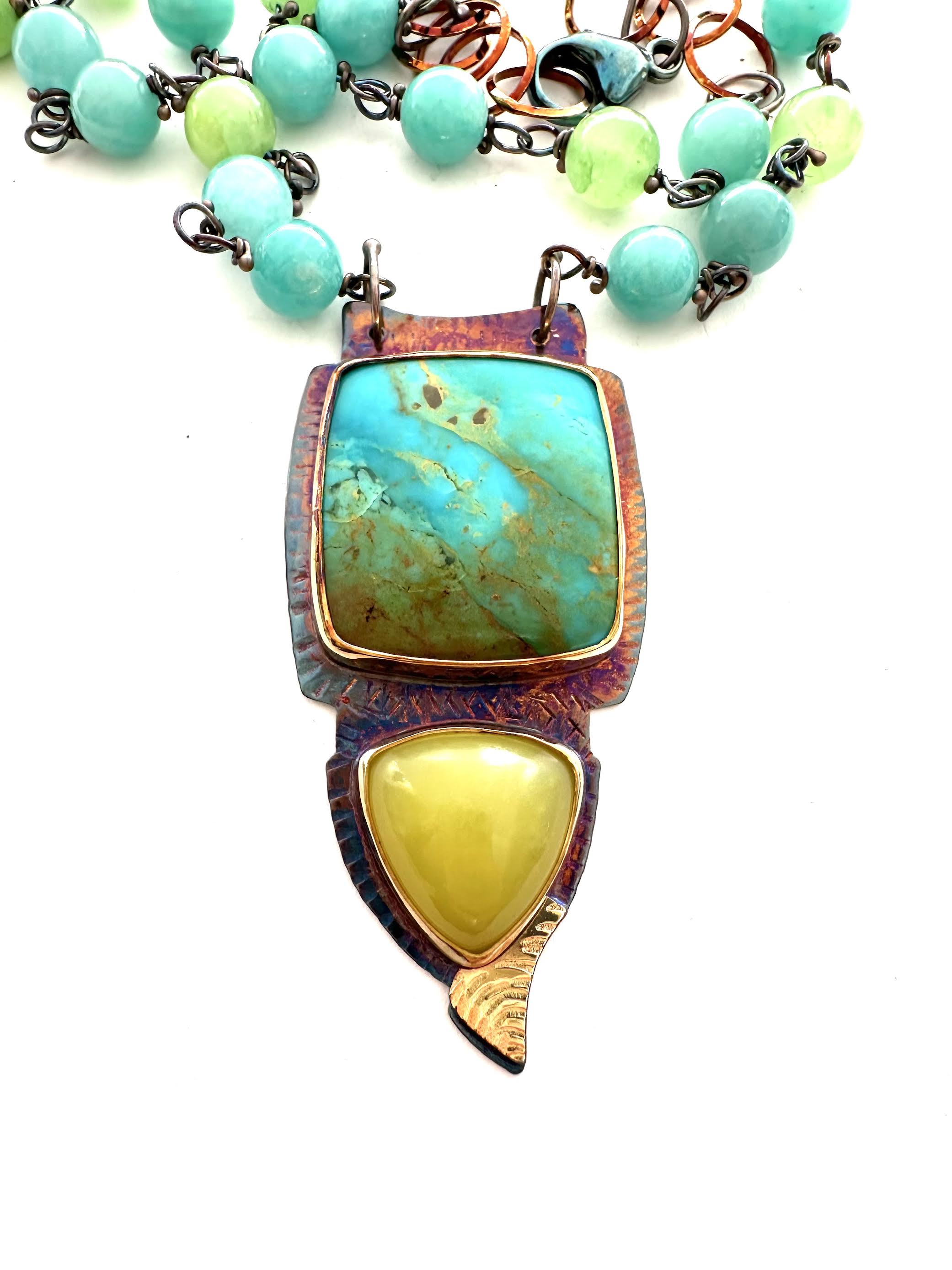 Image of Sterling Silver, Fine Silver Bezels, 18k Gold, Kingman Mine Turquoise, and Serpentine Necklace with Amazonite and Green Calcite Beads and Lobster Clasp by Julie Shaw