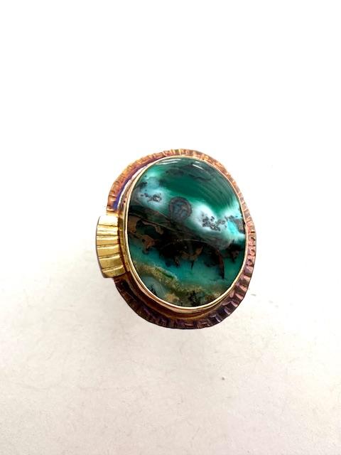 Image of Sterling Silver, Fine Silver Bezel, 18k Gold, and Blue Opal Wood Ring, Size 6.75 by Julie Shaw