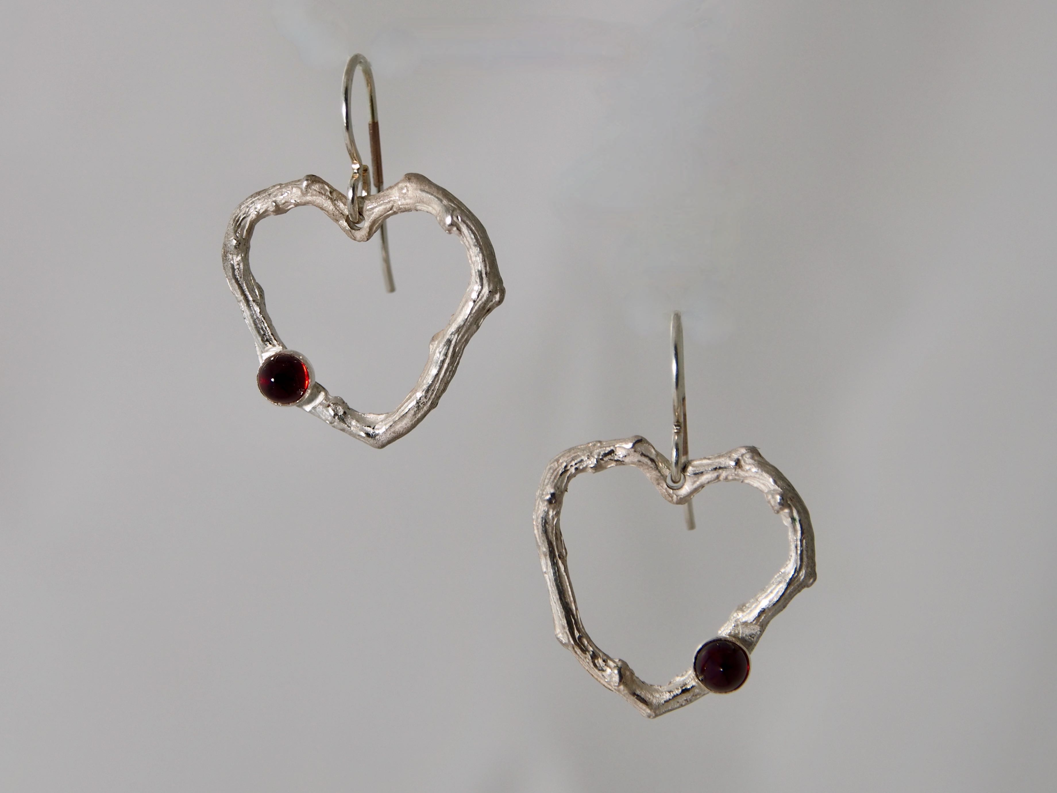 Twiggy Heart Sterling and Garnet Earrings