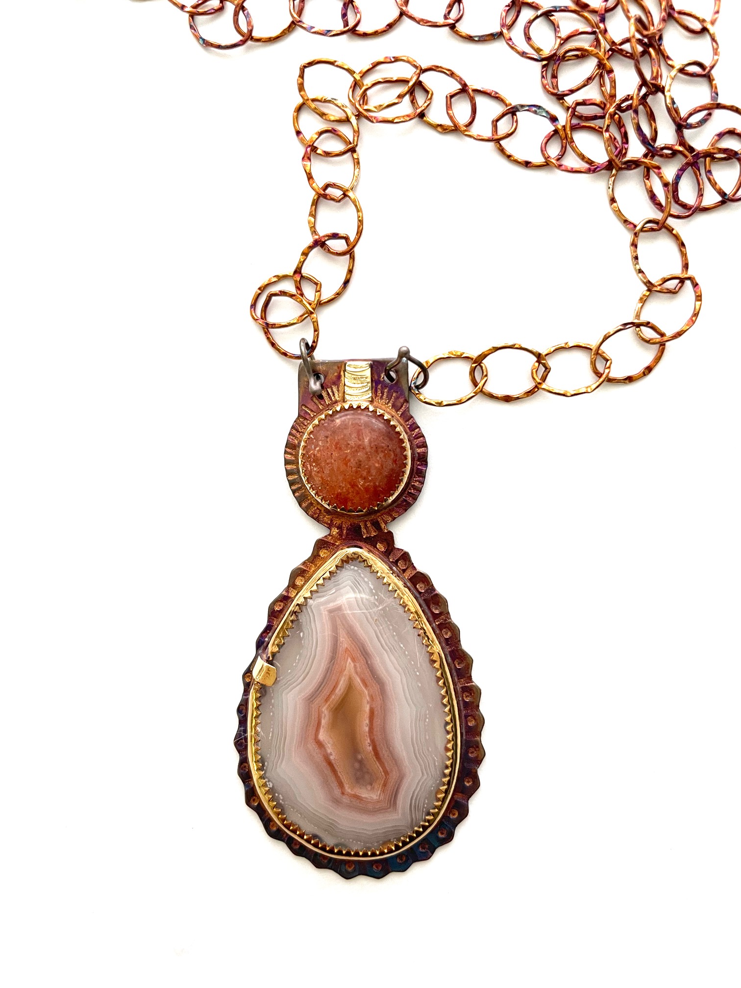 Sterling Silver, 22k Gold, Sunstone and Laguna Beach Agate Necklace, 18 1/2